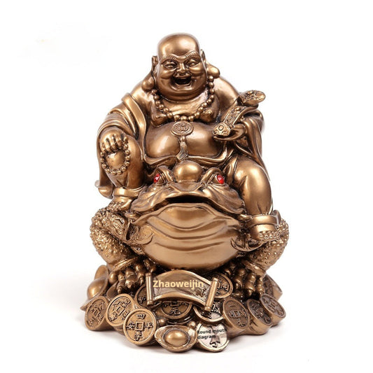 KTX-969427 Large Copper Maitreya Buddha Ornament Sitting on a Golden Toad, Resin and Plastic, Chinese Style