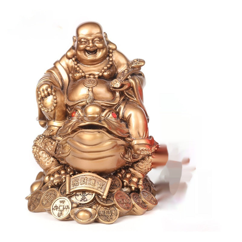 KTX-969427 Large Copper Maitreya Buddha Ornament Sitting on a Golden Toad, Resin and Plastic, Chinese Style