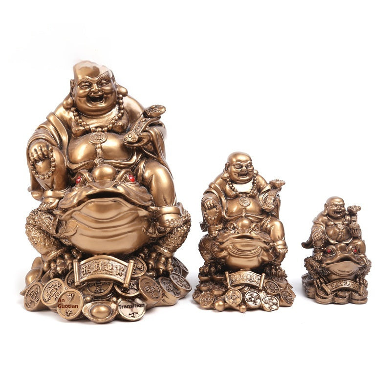KTX-969427 Large Copper Maitreya Buddha Ornament Sitting on a Golden Toad, Resin and Plastic, Chinese Style