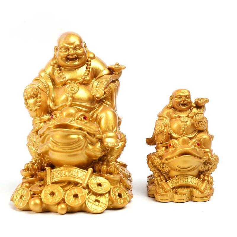 KTX-969427 Large Copper Maitreya Buddha Ornament Sitting on a Golden Toad, Resin and Plastic, Chinese Style