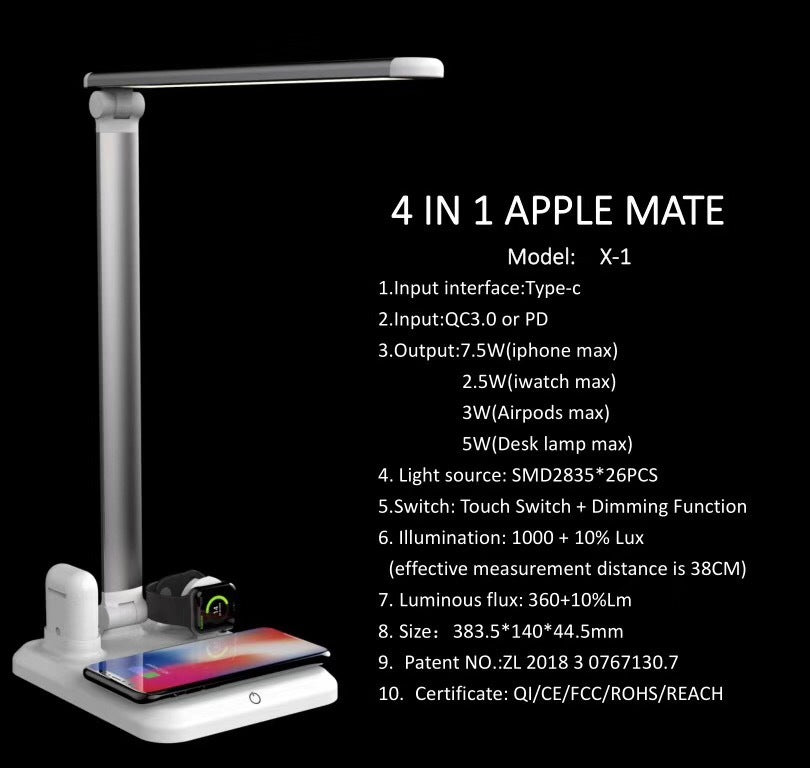 KTX-970387 4-in-1 Wireless Charging Desk Lamp for Apple Devices - Compatible with iPhone, Watch, and Headset