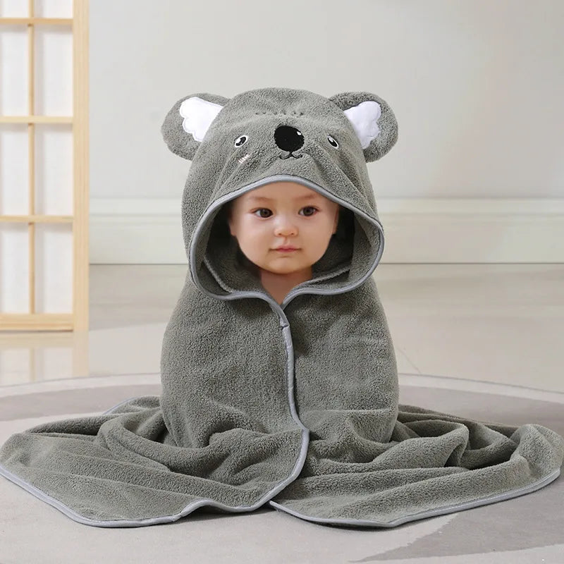 KTX-974611 Hooded Coral Fleece Baby Bath Towel with Cartoon Embroidery, Soft and Thick, 80x80cm
