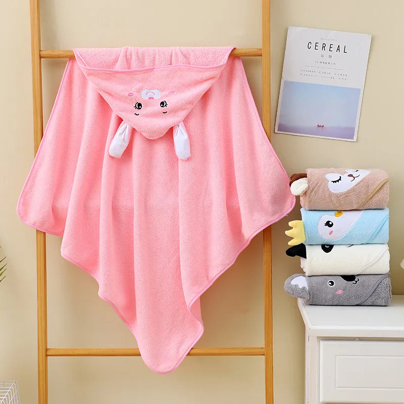 KTX-974611 Hooded Coral Fleece Baby Bath Towel with Cartoon Embroidery, Soft and Thick, 80x80cm