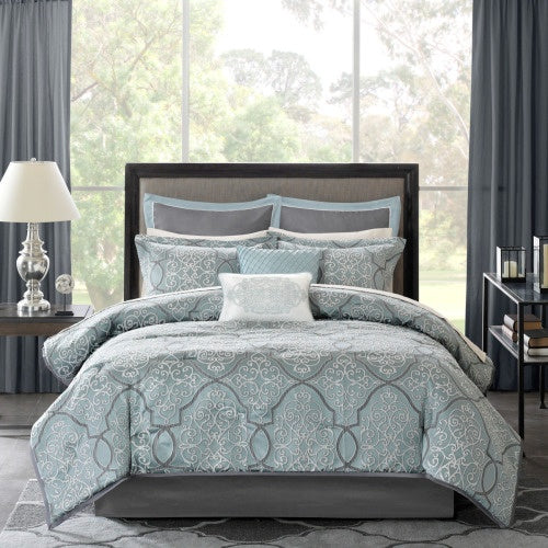 KTX-974931 12 Piece King Comforter Set with Cotton Bed Sheets in Blue, Jacquard Design, Hypoallergenic Filling