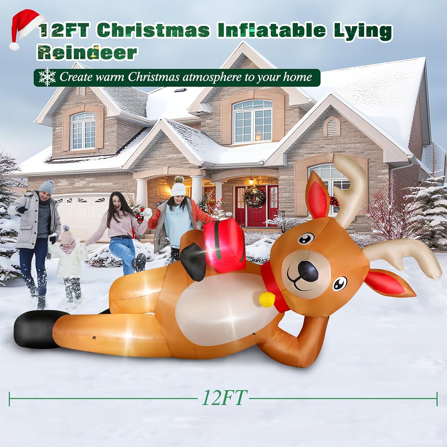 KTX-975123 12 FT Inflatable Christmas Reindeer with Gift Box - Yard Lawn Decoration with Built-in LED Lights