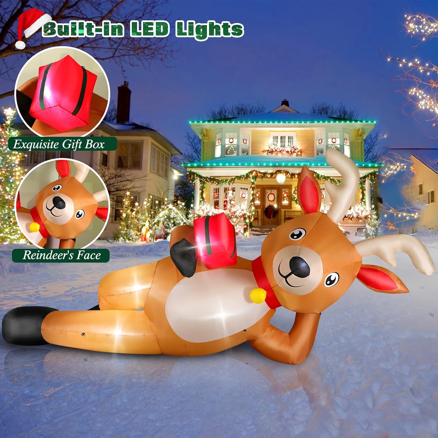 KTX-975123 12 FT Inflatable Christmas Reindeer with Gift Box - Yard Lawn Decoration with Built-in LED Lights