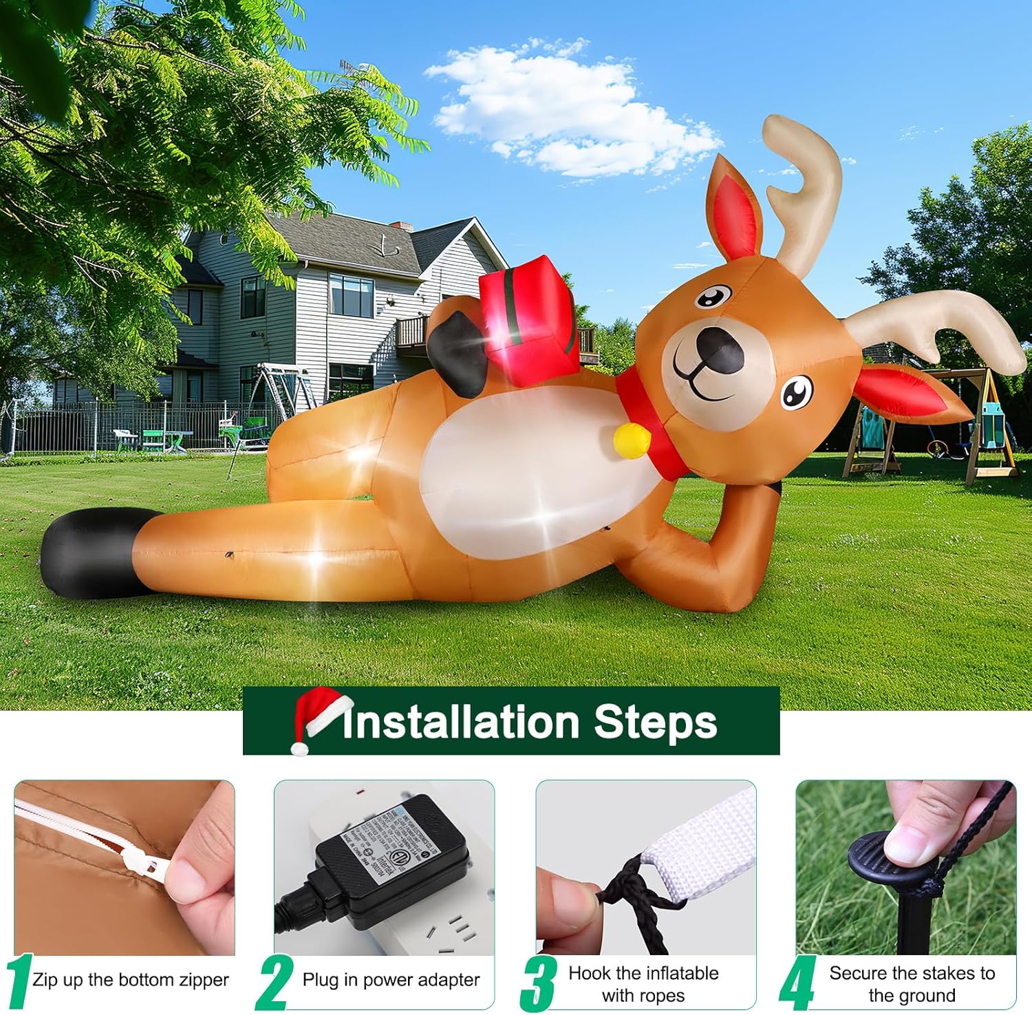 KTX-975123 12 FT Inflatable Christmas Reindeer with Gift Box - Yard Lawn Decoration with Built-in LED Lights