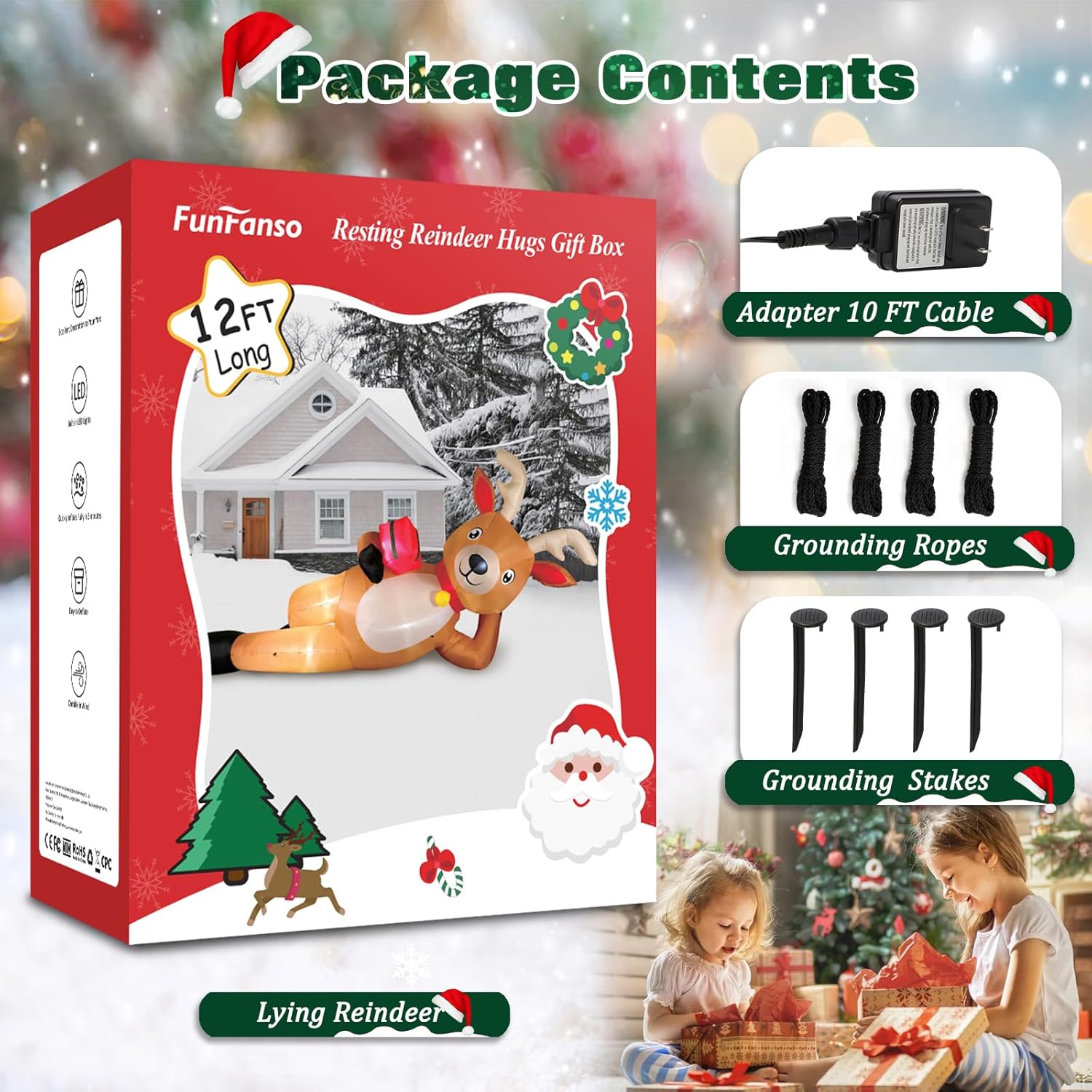 KTX-975123 12 FT Inflatable Christmas Reindeer with Gift Box - Yard Lawn Decoration with Built-in LED Lights