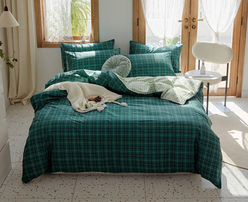 KTX-975251 Retro Style Cotton Plaid Four-Piece Bedding Set for 1.8m Bed