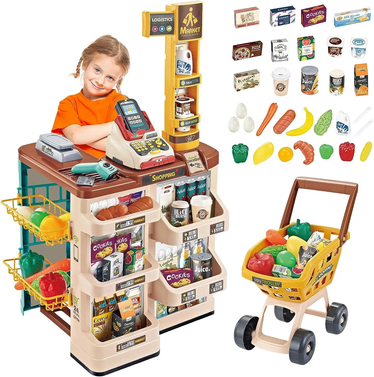 KTX-975763 Mini Trolley Shopping Basket and Cashier Machine Toy Set for Kids Age 2 to 13 Years