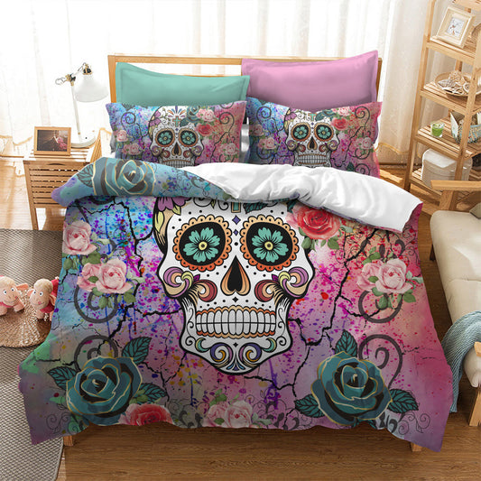 KTX-976403 Watercolor Flower Skull Duvet Cover Bedding Set in Various Sizes
