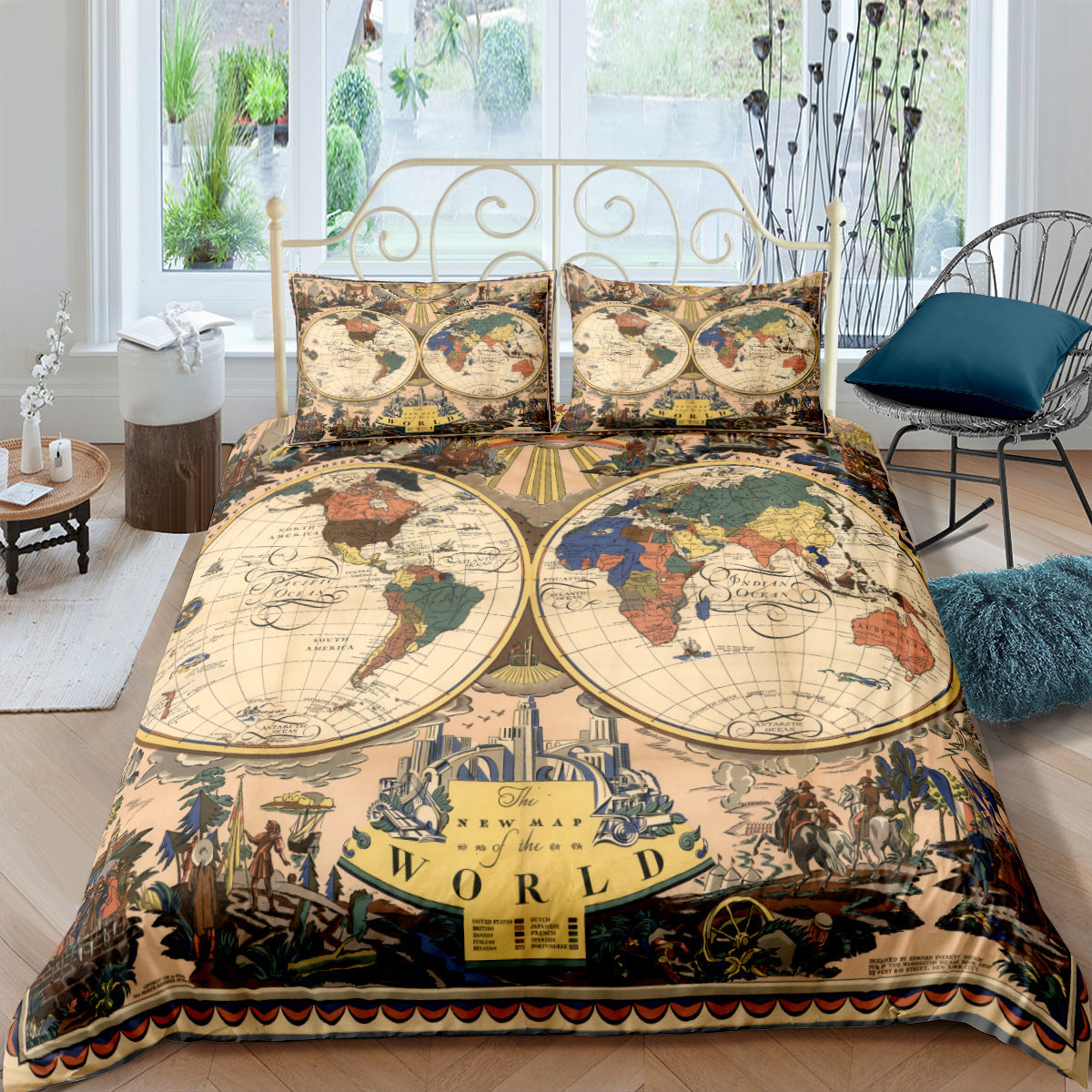 KTX-978195 Nautical Chart Inspired Three-Piece Custom Bedding Set with Polyester Fiber Fabric