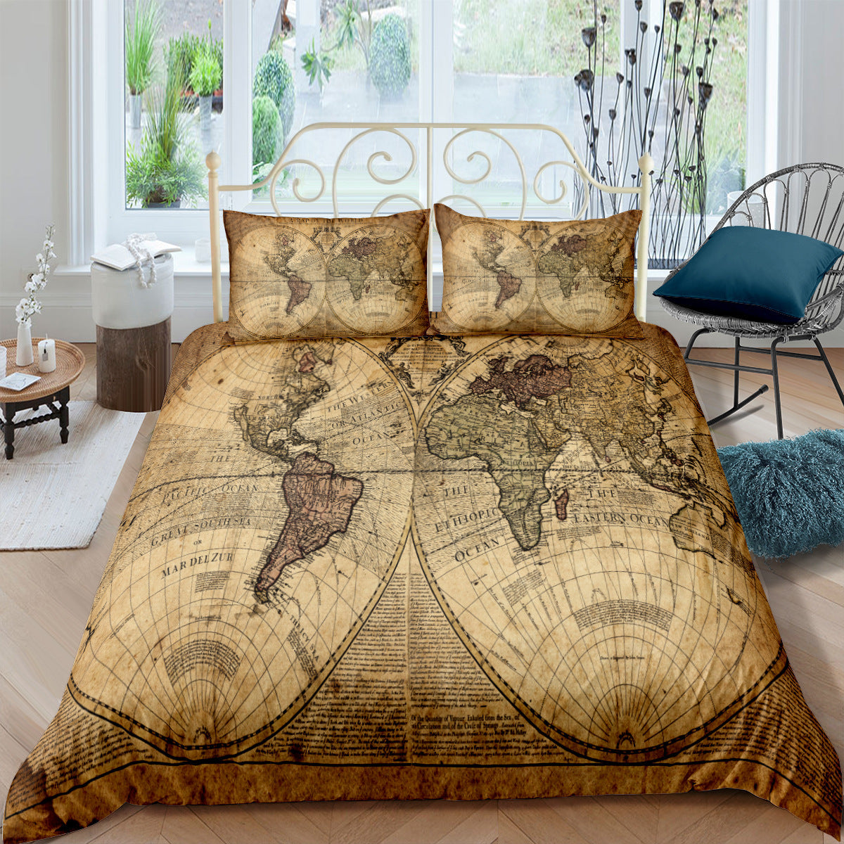 KTX-978195 Nautical Chart Inspired Three-Piece Custom Bedding Set with Polyester Fiber Fabric