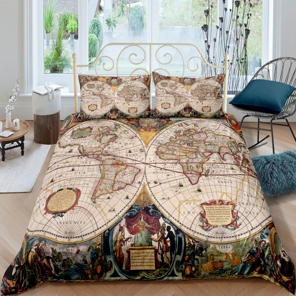 KTX-978195 Nautical Chart Inspired Three-Piece Custom Bedding Set with Polyester Fiber Fabric