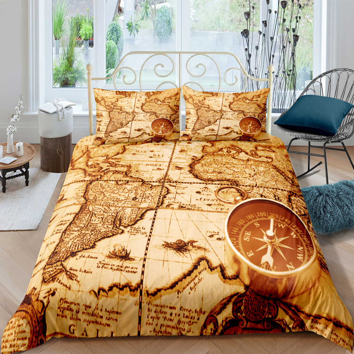KTX-978195 Nautical Chart Inspired Three-Piece Custom Bedding Set with Polyester Fiber Fabric