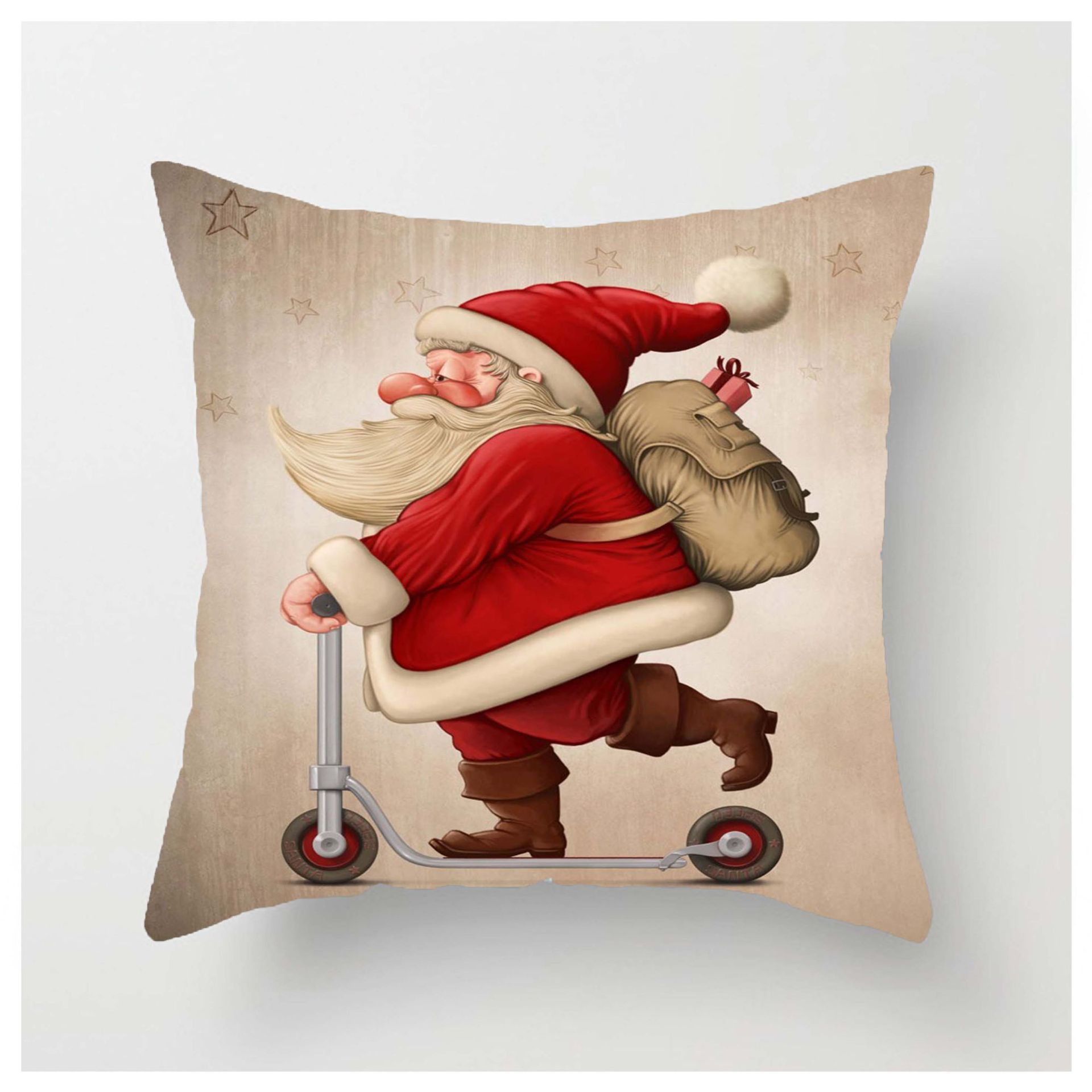 KTX-981523 Linen Santa Print Pillowcase - 45cm x 45cm, Simple Style, Picture Color