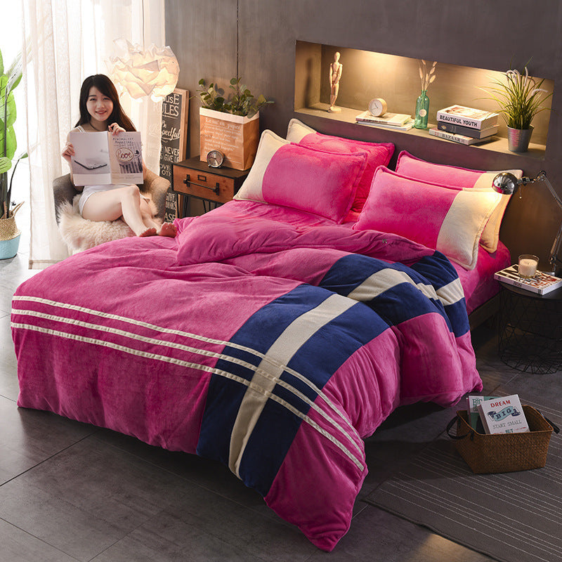 KTX-981843 Autumn and Winter Four-Piece Thickened Striped French Velvet Sheet Set