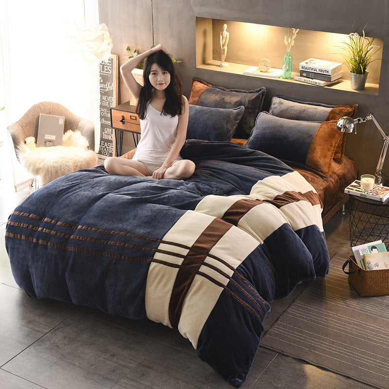 KTX-981843 Autumn and Winter Four-Piece Thickened Striped French Velvet Sheet Set