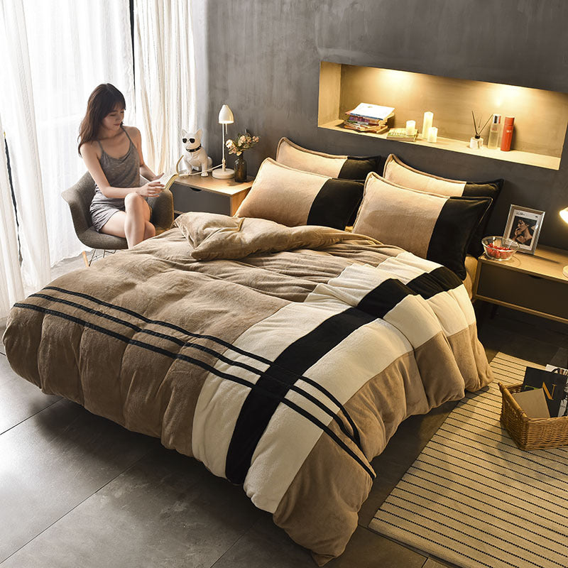 KTX-981843 Autumn and Winter Four-Piece Thickened Striped French Velvet Sheet Set