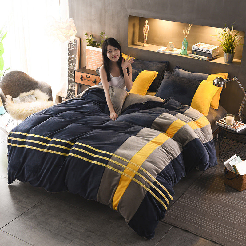 KTX-981843 Autumn and Winter Four-Piece Thickened Striped French Velvet Sheet Set