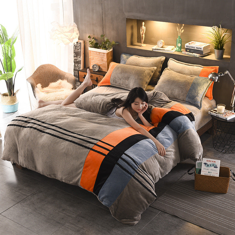 KTX-981843 Autumn and Winter Four-Piece Thickened Striped French Velvet Sheet Set