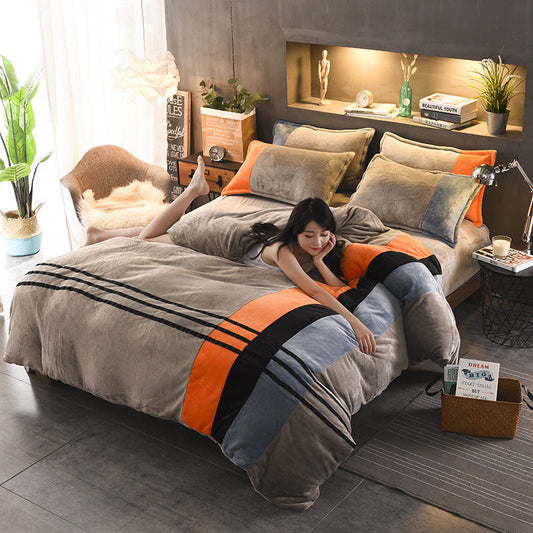 KTX-981843 Autumn and Winter Four-Piece Thickened Striped French Velvet Sheet Set