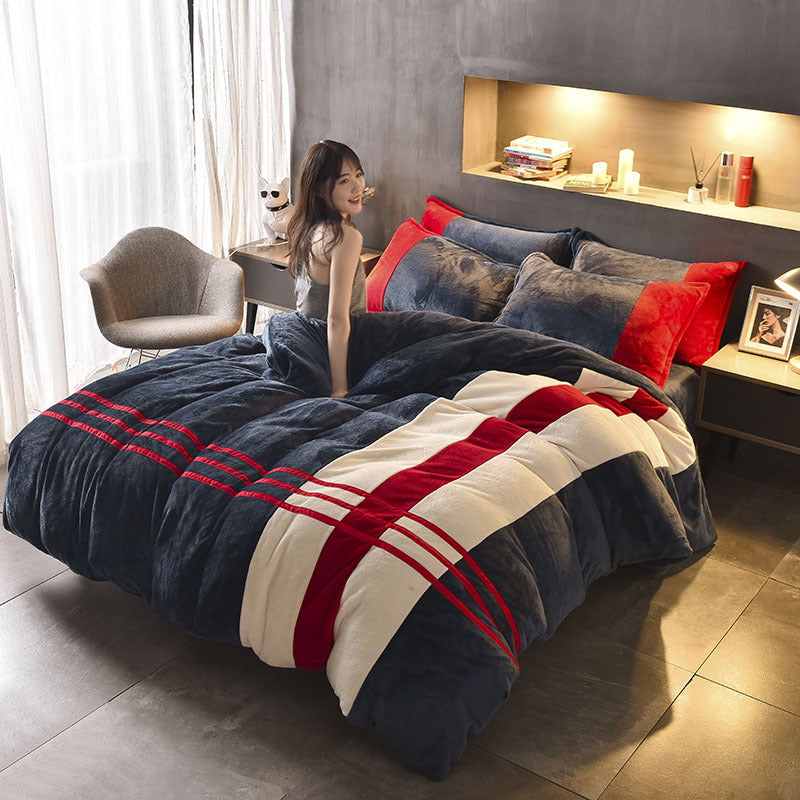 KTX-981843 Autumn and Winter Four-Piece Thickened Striped French Velvet Sheet Set