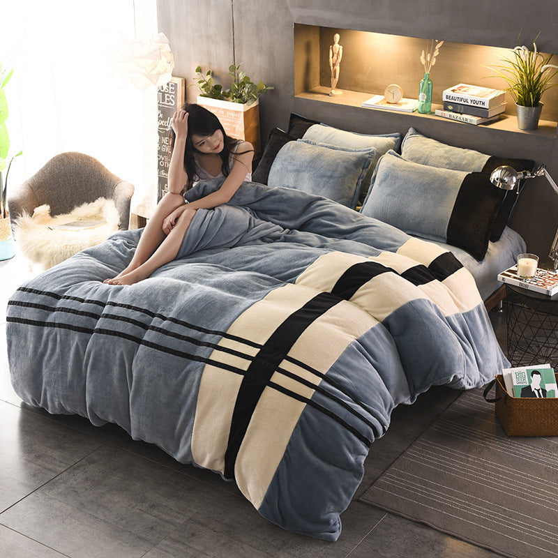 KTX-981843 Autumn and Winter Four-Piece Thickened Striped French Velvet Sheet Set