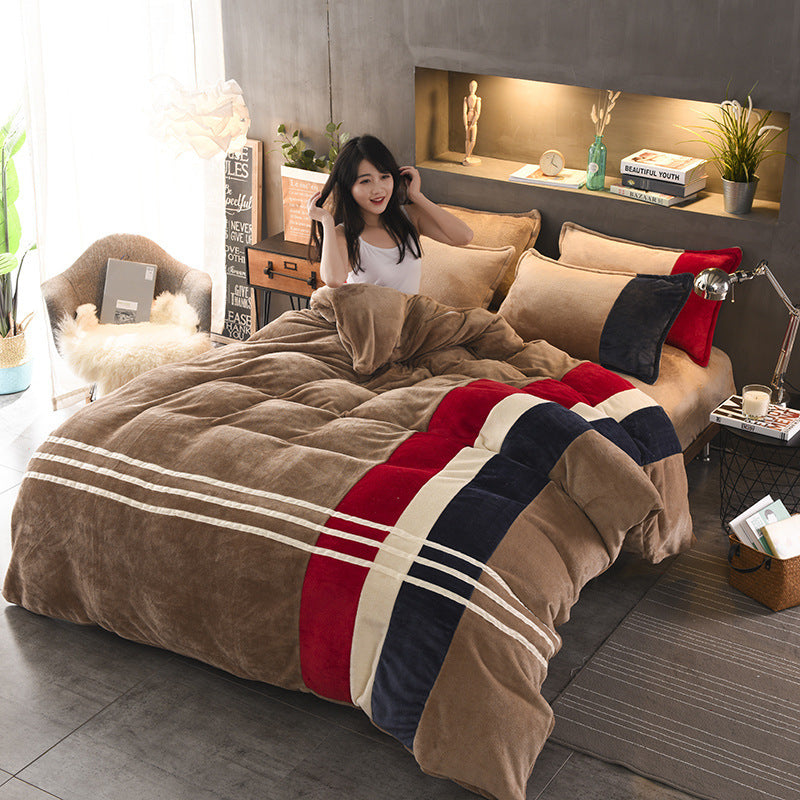 KTX-981843 Autumn and Winter Four-Piece Thickened Striped French Velvet Sheet Set