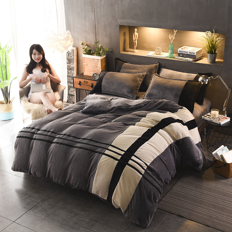 KTX-981843 Autumn and Winter Four-Piece Thickened Striped French Velvet Sheet Set