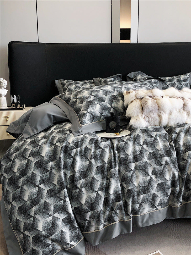 KTX-983763 Geometric Floral Long-Staple Cotton Four-Piece Bedding Set for Twin and Full Beds