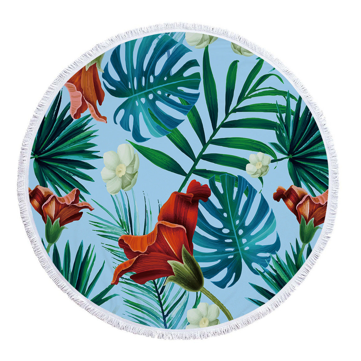 KTX-986131 Tropical Leaves Microfiber Round Beach Towel - 150cm x 150cm