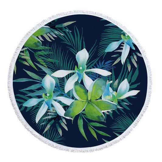KTX-986131 Tropical Leaves Microfiber Round Beach Towel - 150cm x 150cm