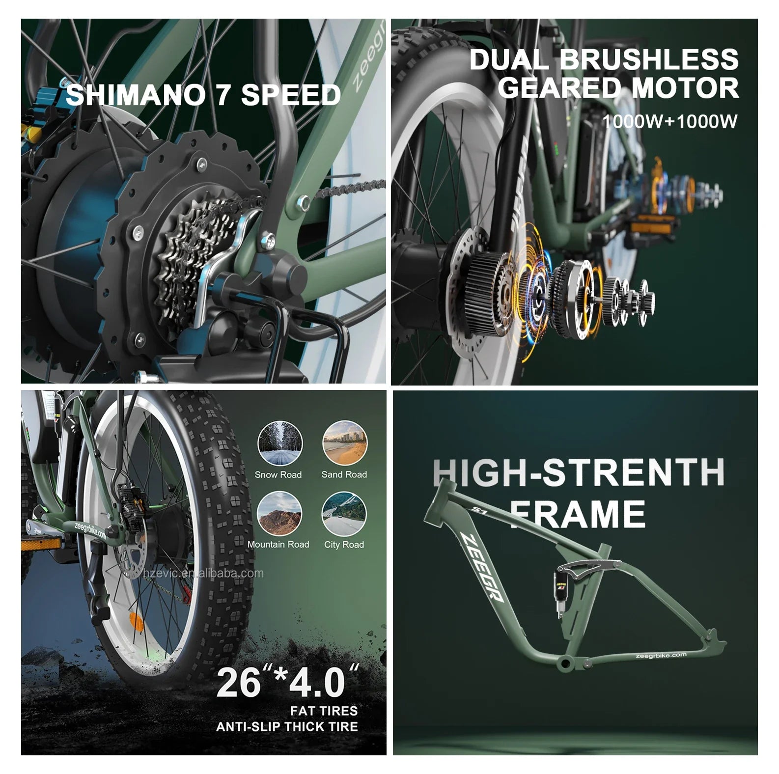 KTX-990291 Powerful 2000W Electric Mountain Bike with 48V Battery and Hydraulic Disc Brakes - 7 Speed, 26" Fat Tires, Color LCD Display