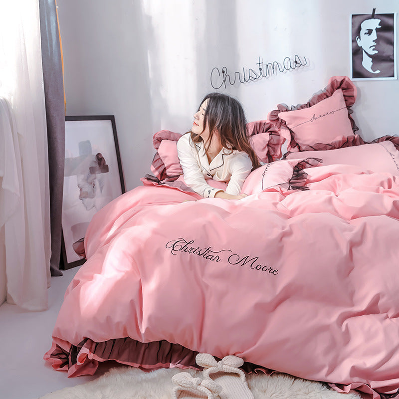 KTX-993043 Solid Color Sanding Bed Set of Four - Plush Acetate Fiber with Quilt Cover, Sheet, and Pillowcases