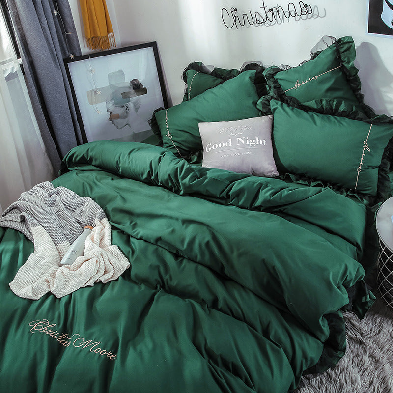 KTX-993043 Solid Color Sanding Bed Set of Four - Plush Acetate Fiber with Quilt Cover, Sheet, and Pillowcases