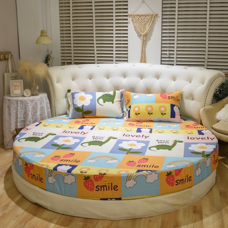 KTX-995155 Cotton Round Bed Sheet Set with Pillowcase – Simple Floral Design, 200cm x 200cm