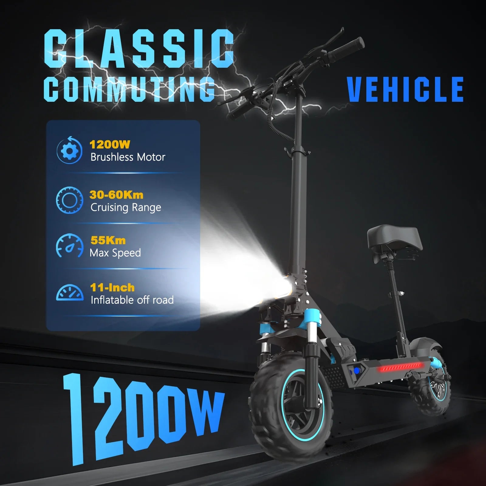 KTX-995219 1200W Electric Scooter with Seat, Foldable, App Control, Waterproof, Dual Suspension, 45-60 km Range