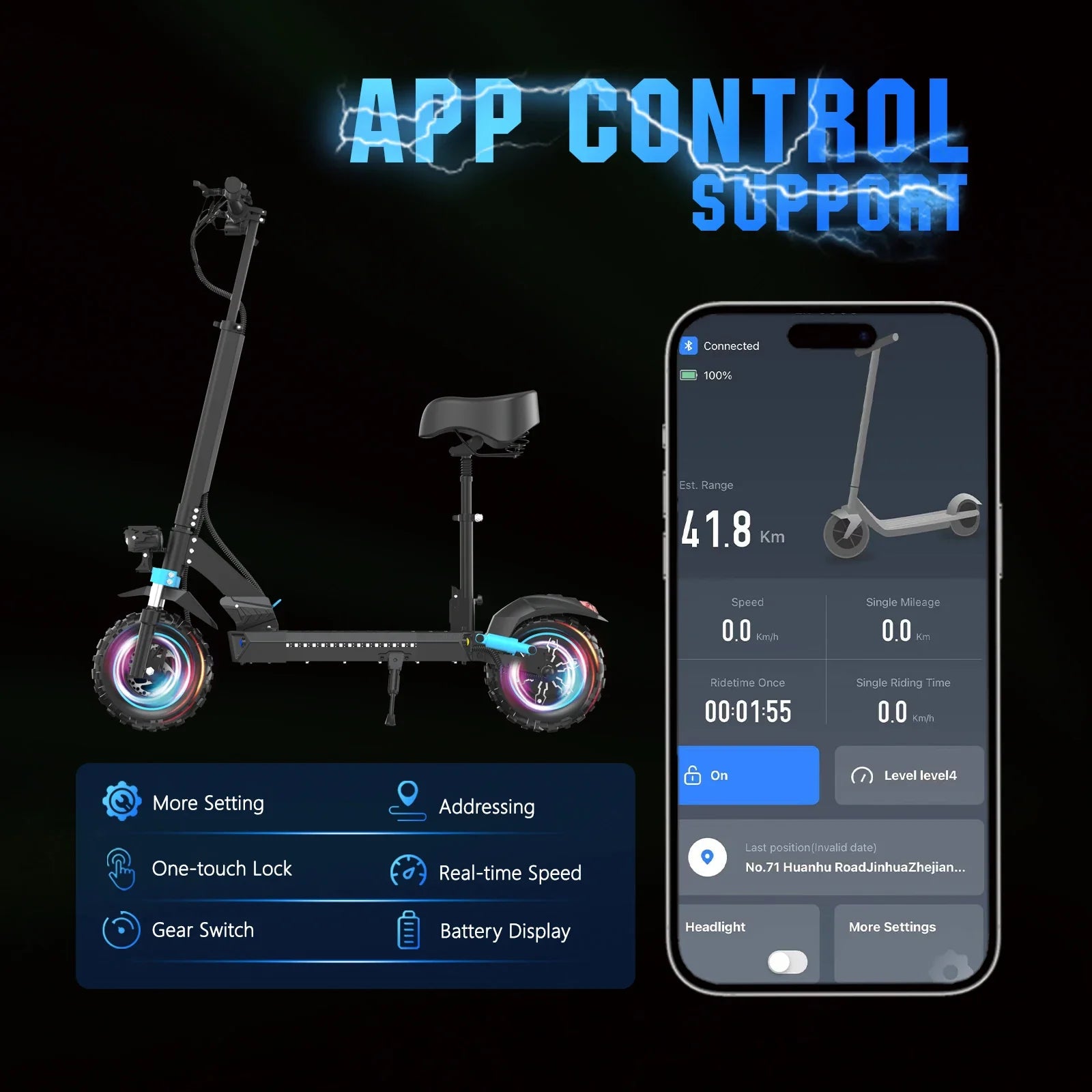 KTX-995219 1200W Electric Scooter with Seat, Foldable, App Control, Waterproof, Dual Suspension, 45-60 km Range