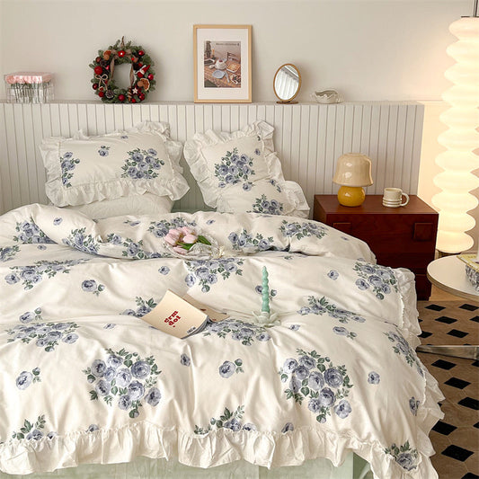 KTX-998803 French Blue Rose Cotton 4-Piece Lace Twill Bedding Set for Various Bed Sizes