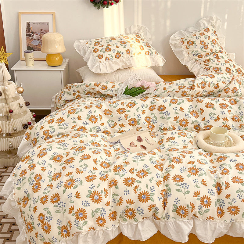 KTX-998803 French Blue Rose Cotton 4-Piece Lace Twill Bedding Set for Various Bed Sizes