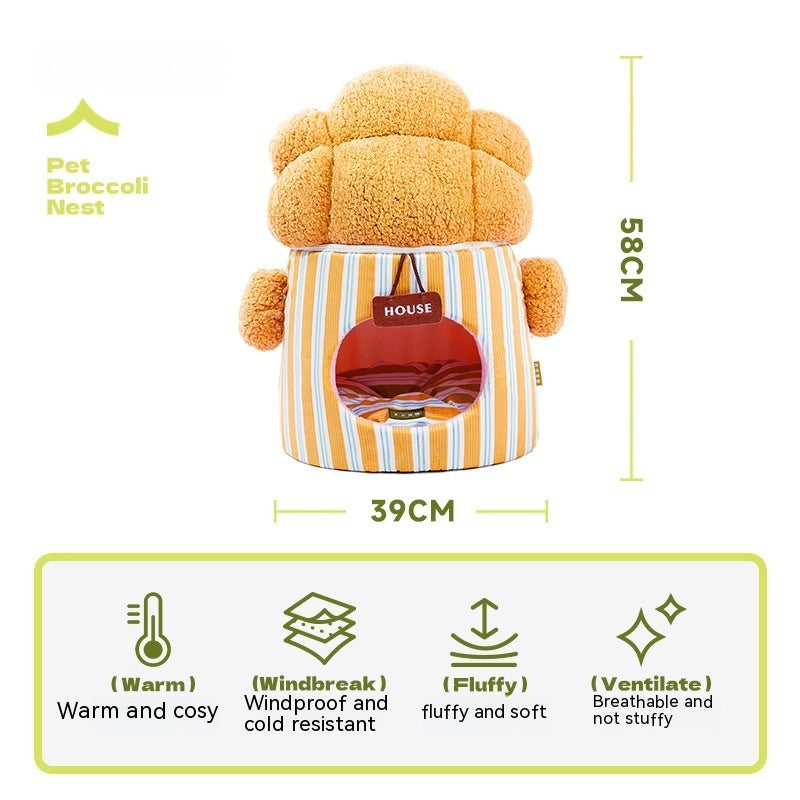 KTX-998931 Three-Dimensional Closed Cat Nest in Green and Orange Cauliflower Design