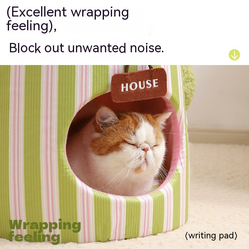 KTX-998931 Three-Dimensional Closed Cat Nest in Green and Orange Cauliflower Design