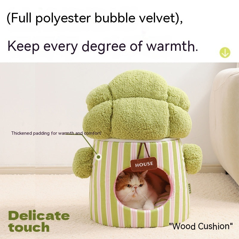 KTX-998931 Three-Dimensional Closed Cat Nest in Green and Orange Cauliflower Design