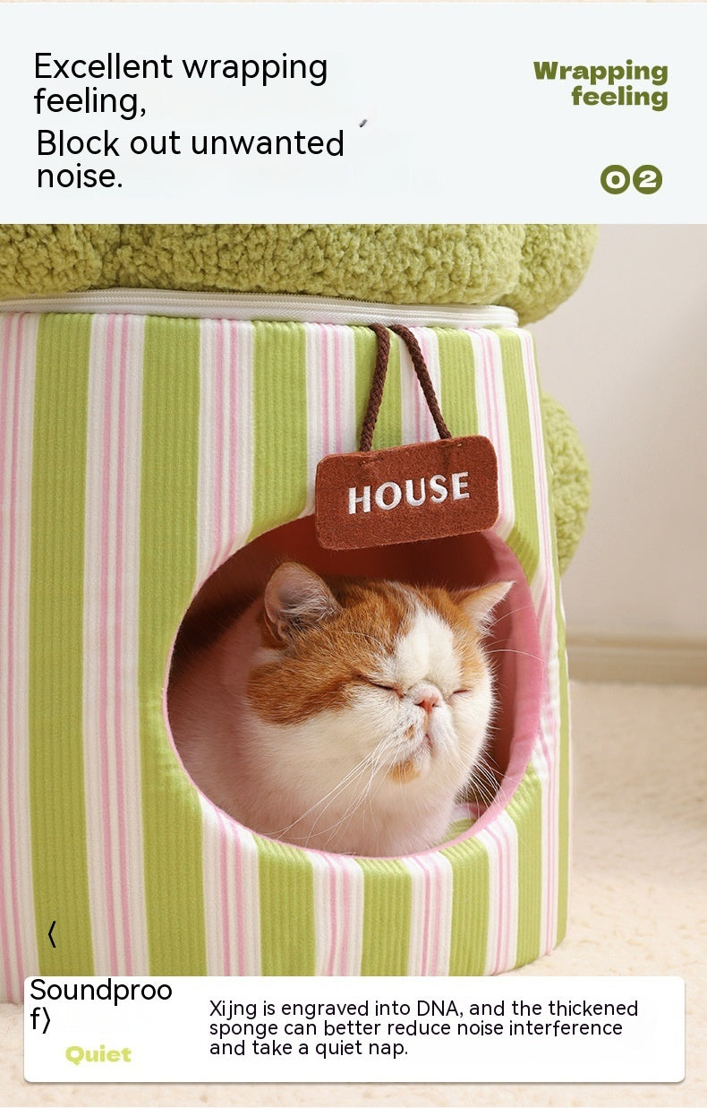 KTX-998931 Three-Dimensional Closed Cat Nest in Green and Orange Cauliflower Design