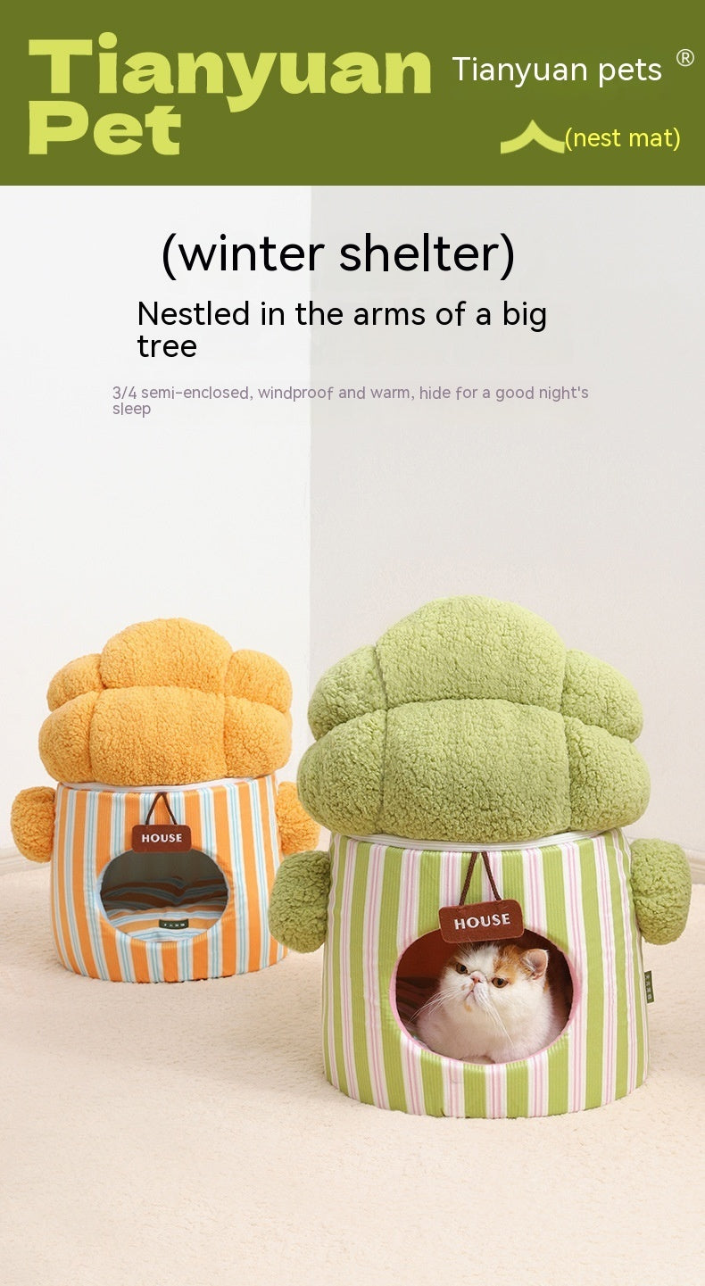 KTX-998931 Three-Dimensional Closed Cat Nest in Green and Orange Cauliflower Design