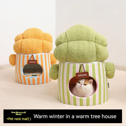KTX-998931 Three-Dimensional Closed Cat Nest in Green and Orange Cauliflower Design