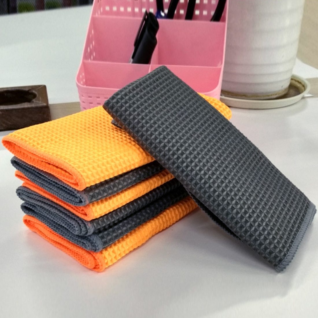 KTX-999379 Microfiber Car Wash Towel - Ultra Absorbent Wafer Style, Soft and Scratch-Free, 40x40cm, Orange/Gray