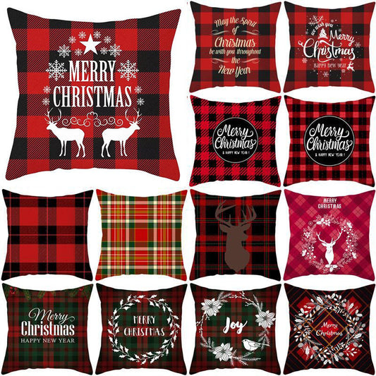 KTX-999699 Classic Red Plaid Christmas Pillow Cover for Home Decor, 45x45cm Polyester Cushion Case