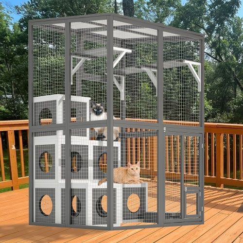 Outdoor Wooden Cat Catio - Large Solid Wood Cat Cage Playpen With 2 Jumping Platforms  7 Napping Houses, Walk-in Cat Kennel Condo Shelter, Grey
